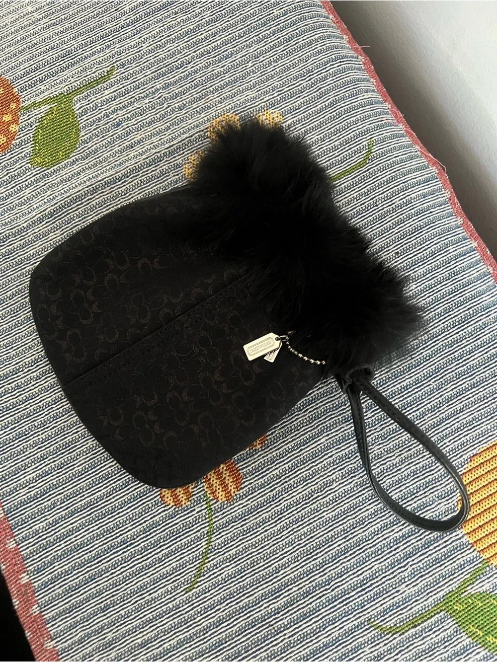 Coach Rare Y2K Black Signature Drawstring Pouch with Fur Trim 2003